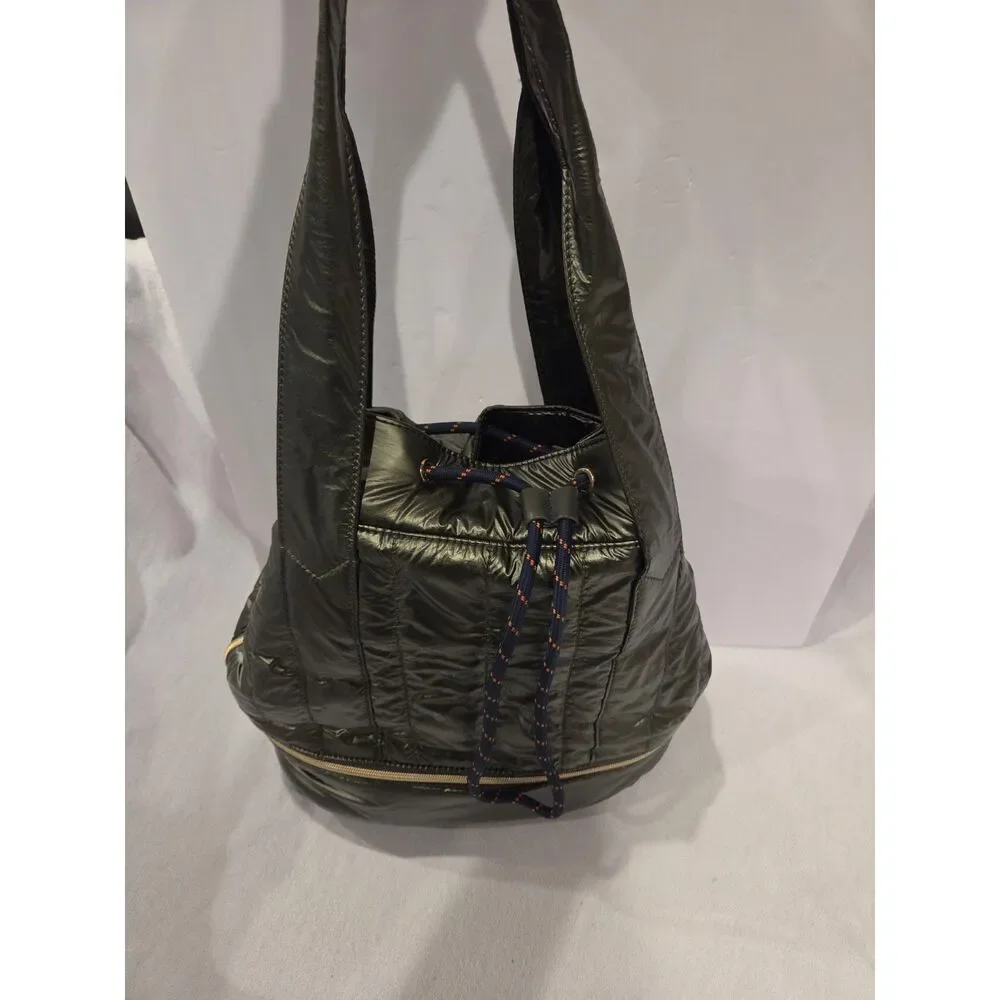 Stella & Dot Crush it Quilted Bucket Bag Metallic Olive Expandable Shoulder Bag